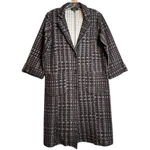 Comfy USA Navy Textured Checked Longline Button Up Blazer Jacket Women Sz S Chic